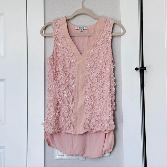 Badgley Mishka 3D Flower Embellished Floral Applique Baby Pink Lace Top Size 10 - Picture 4 of 13